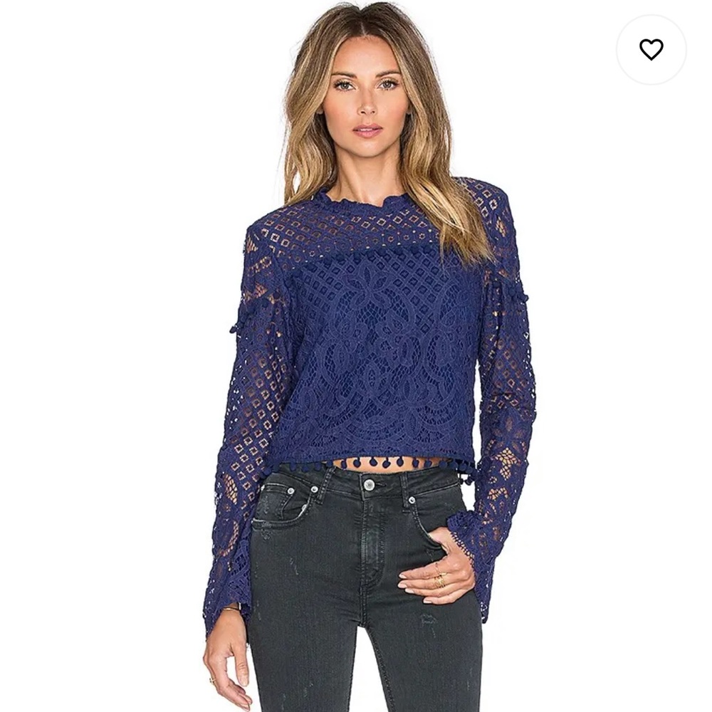 Tularosa Holly Top Blue Lace Pom Pom Long Sleeve